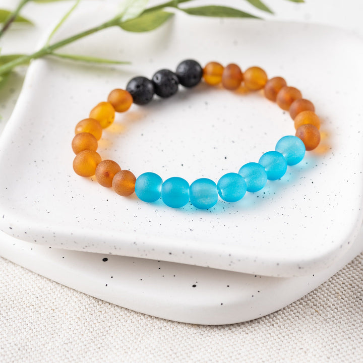 Adults | Marine Blue Sea Glass + Raw Cognac Aromatherapy Bracelet - R.B. Amber Jewelry