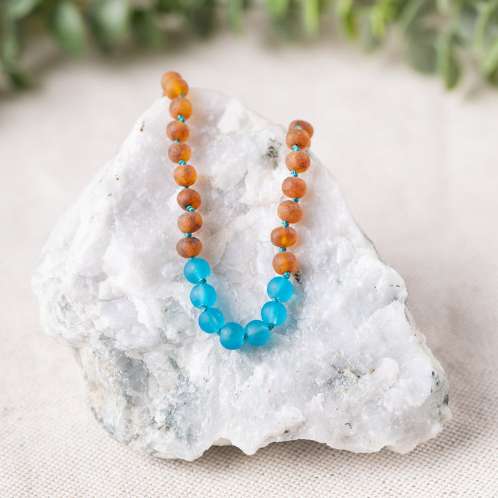 Kids | Marine Blue Sea Glass + Raw Cognac Amber Necklace - R.B. Amber Jewelry