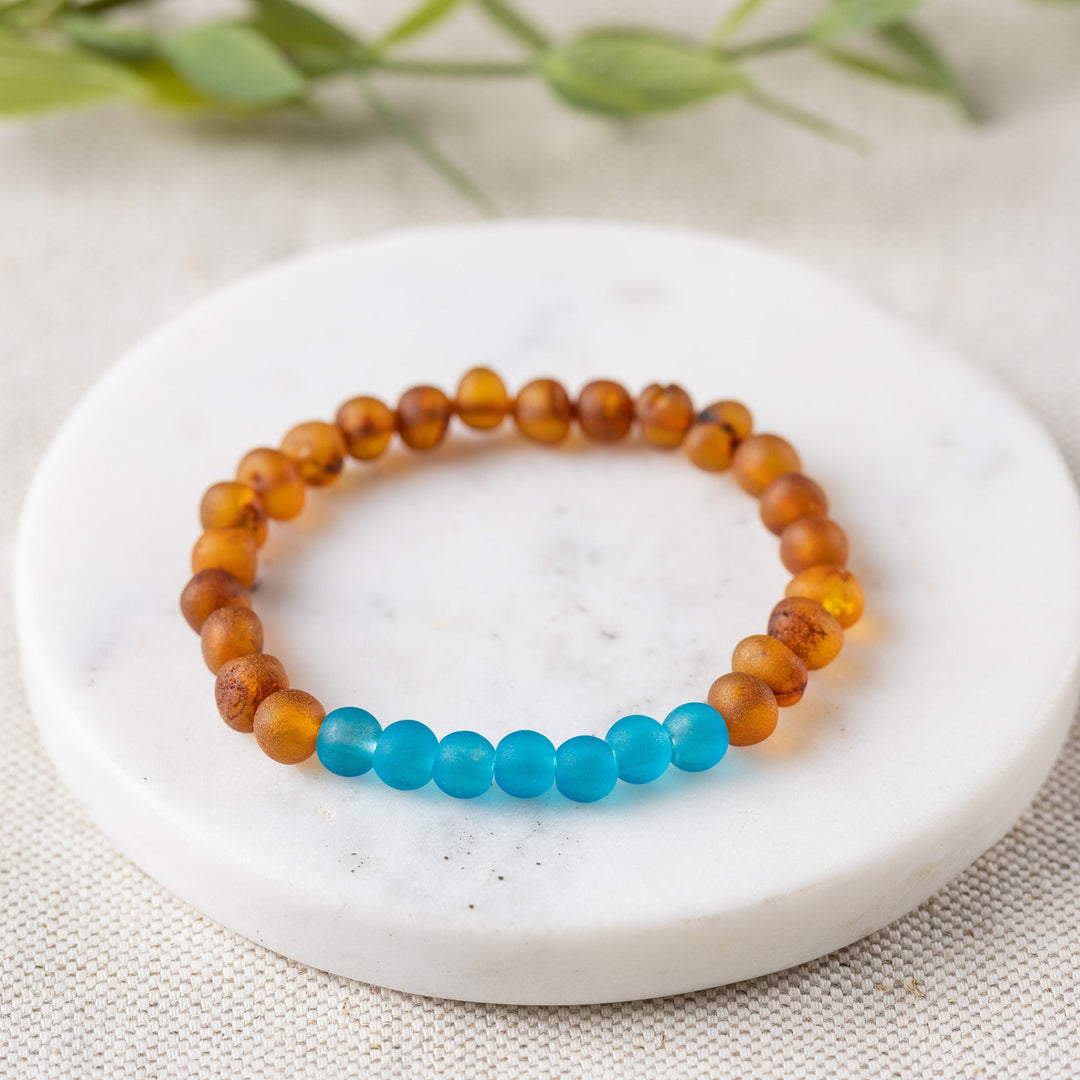 Adults | Marine Blue Sea Glass + Raw Cognac Amber Bracelet - R.B. Amber Jewelry