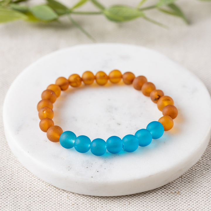 Adults | Marine Blue Sea Glass + Raw Cognac Amber Bracelet - R.B. Amber Jewelry
