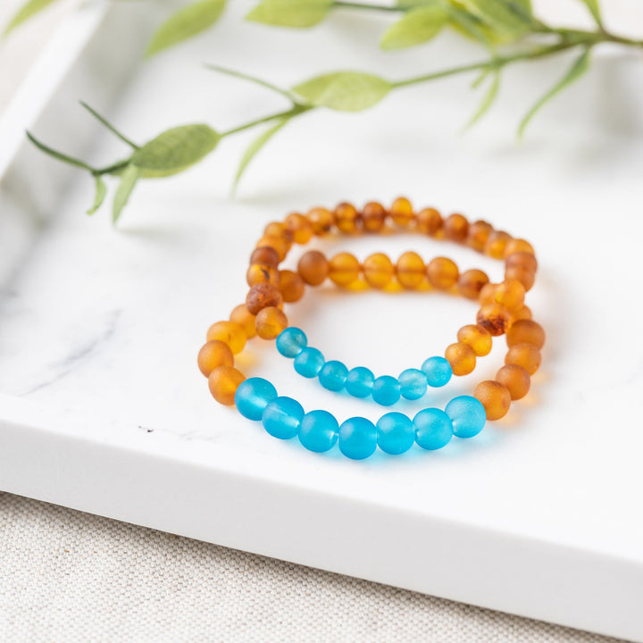 Adults | Marine Blue Sea Glass + Raw Cognac Amber Bracelet - R.B. Amber Jewelry