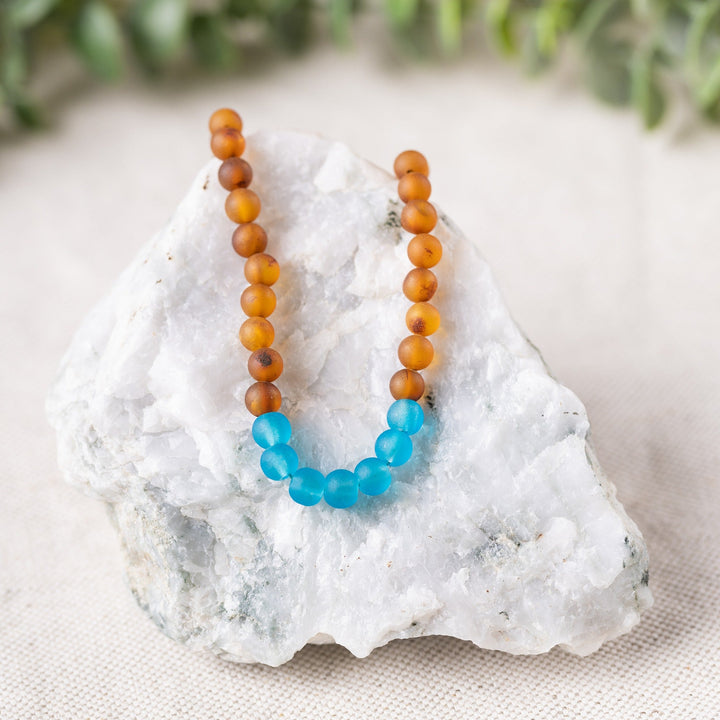 Adults | Marine Blue Sea Glass + Raw Cognac Amber Necklace - R.B. Amber Jewelry
