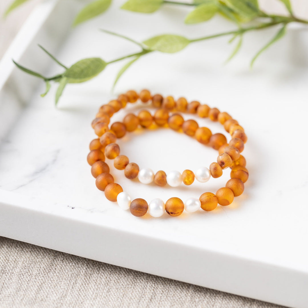 Adults | Freshwater Pearl Accent + Raw Cognac Amber Bracelet - R.B. Amber Jewelry