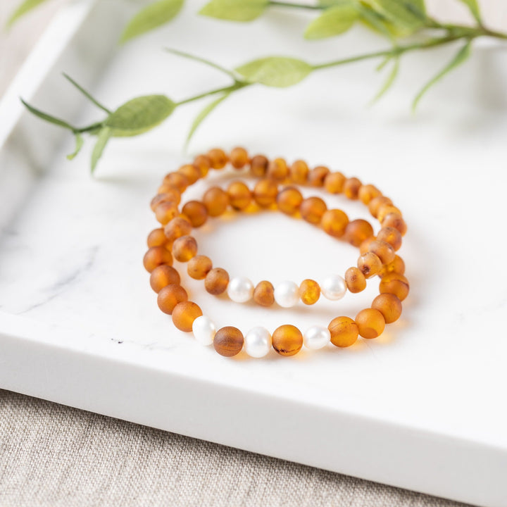 Adults | Freshwater Pearl Accent + Raw Cognac Amber Bracelet - R.B. Amber Jewelry