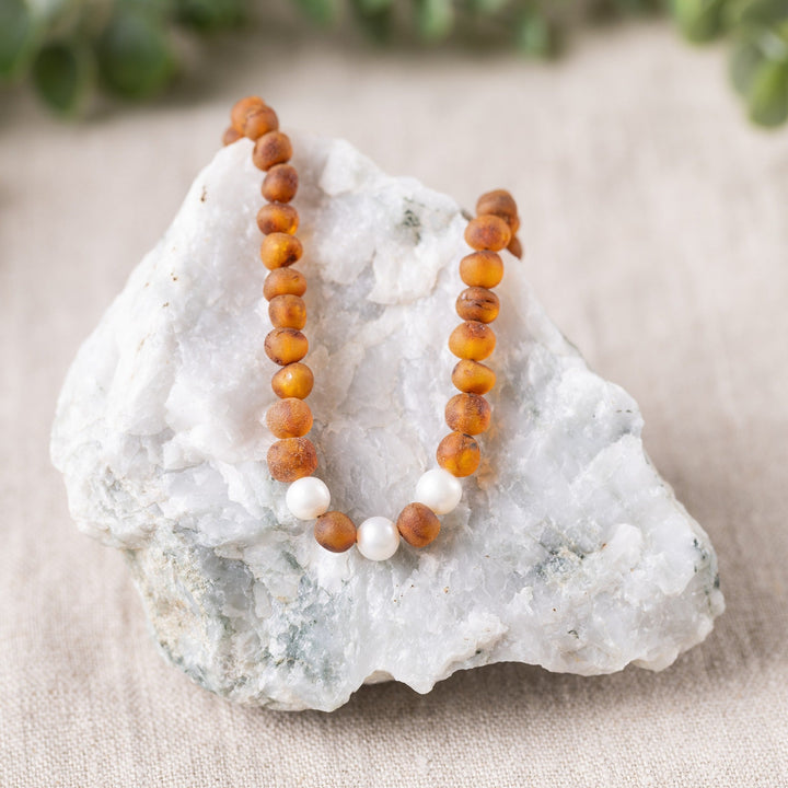 Adults | Freshwater Pearl Accent + Raw Cognac Amber Necklace - R.B. Amber Jewelry