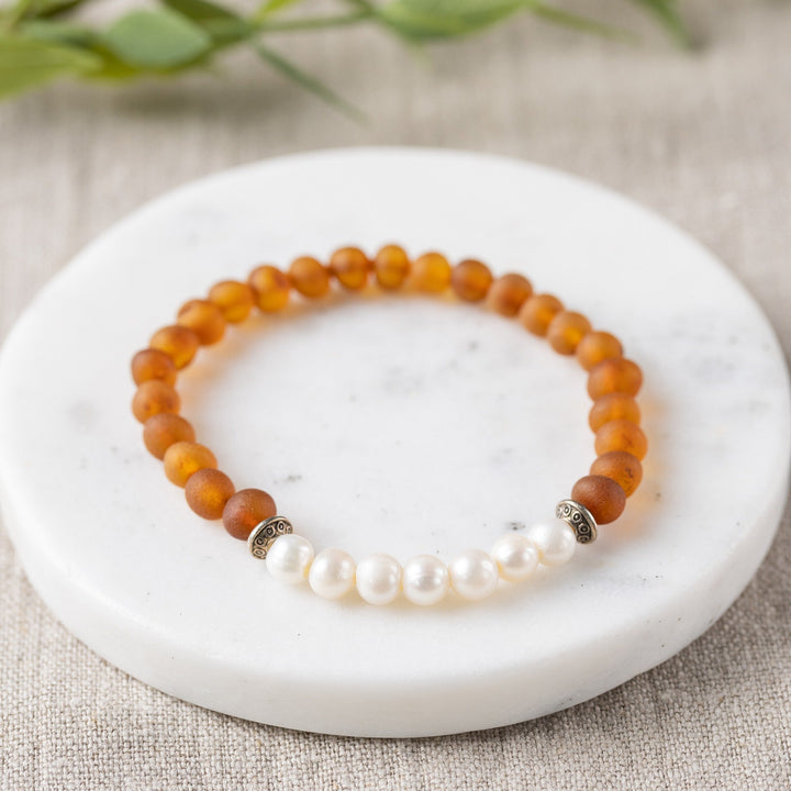Adults | Freshwater Pearl + Raw Cognac Amber Bracelet - R.B. Amber Jewelry