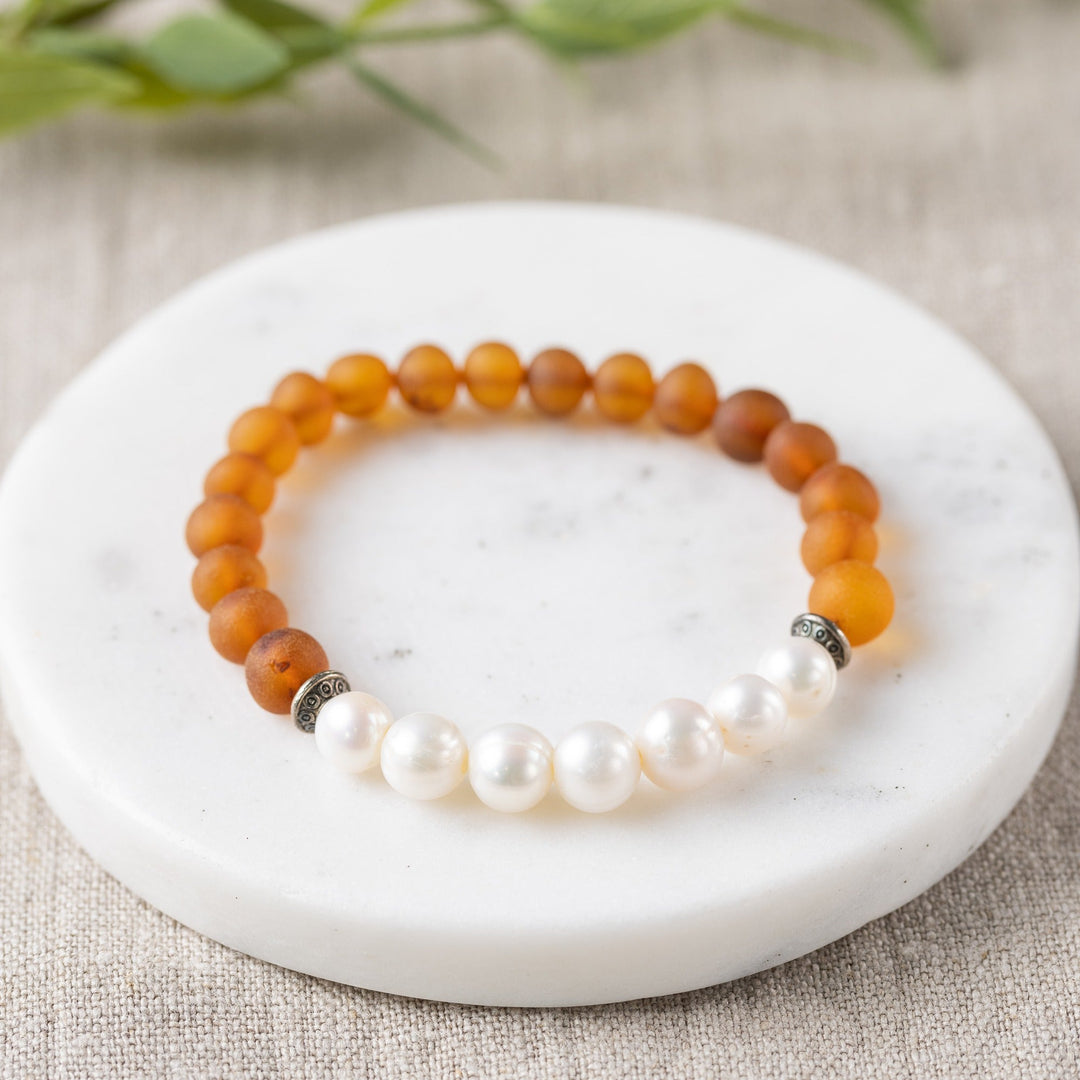 Adults | Freshwater Pearl + Raw Cognac Amber Bracelet - R.B. Amber Jewelry