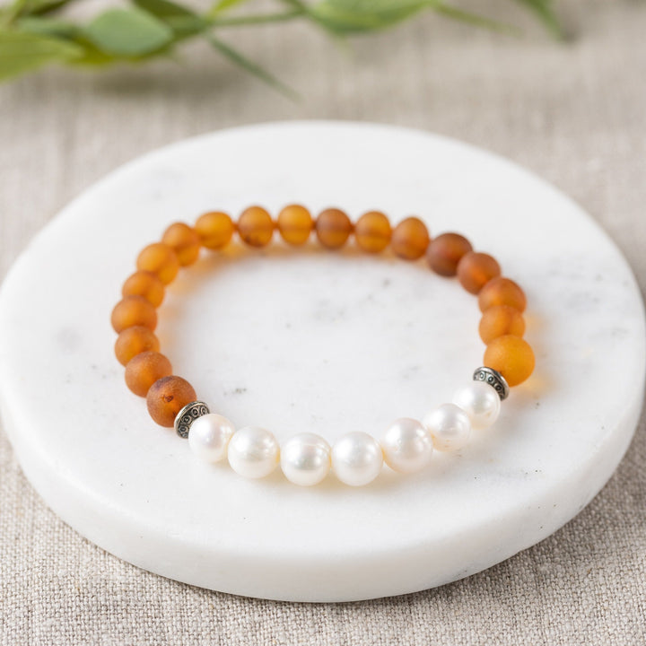 Adults | Freshwater Pearl + Raw Cognac Amber Bracelet - R.B. Amber Jewelry