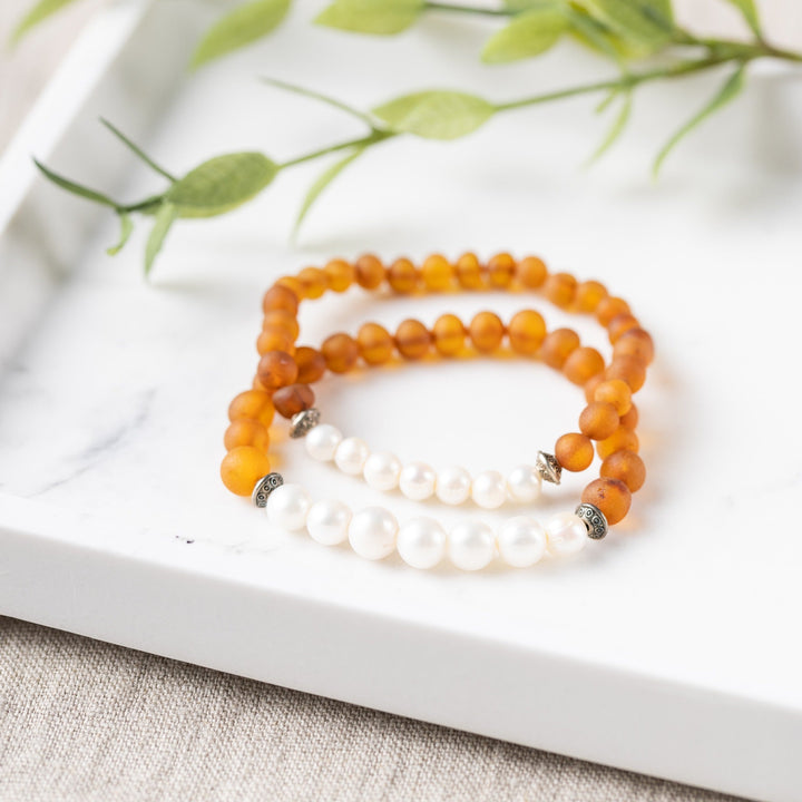 Adults | Freshwater Pearl + Raw Cognac Amber Bracelet - R.B. Amber Jewelry