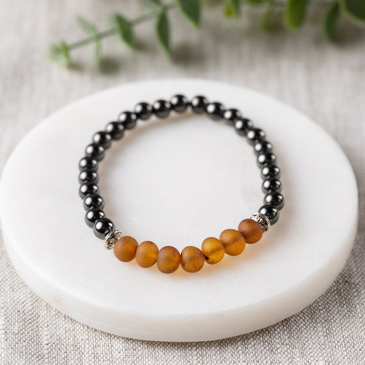Adults | Raw Cognac Amber + High Power Magnetic Hematite Bracelet - R.B. Amber Jewelry