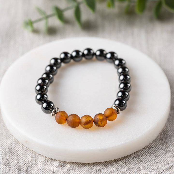 Adults | Raw Cognac Amber + High Power Magnetic Hematite Bracelet - R.B. Amber Jewelry