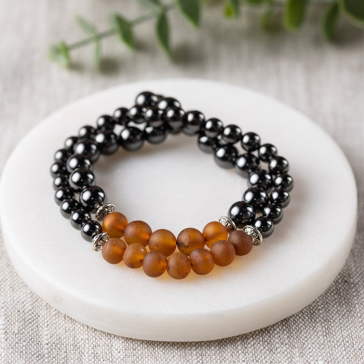 Adults | Raw Cognac Amber + High Power Magnetic Hematite Bracelet - R.B. Amber Jewelry