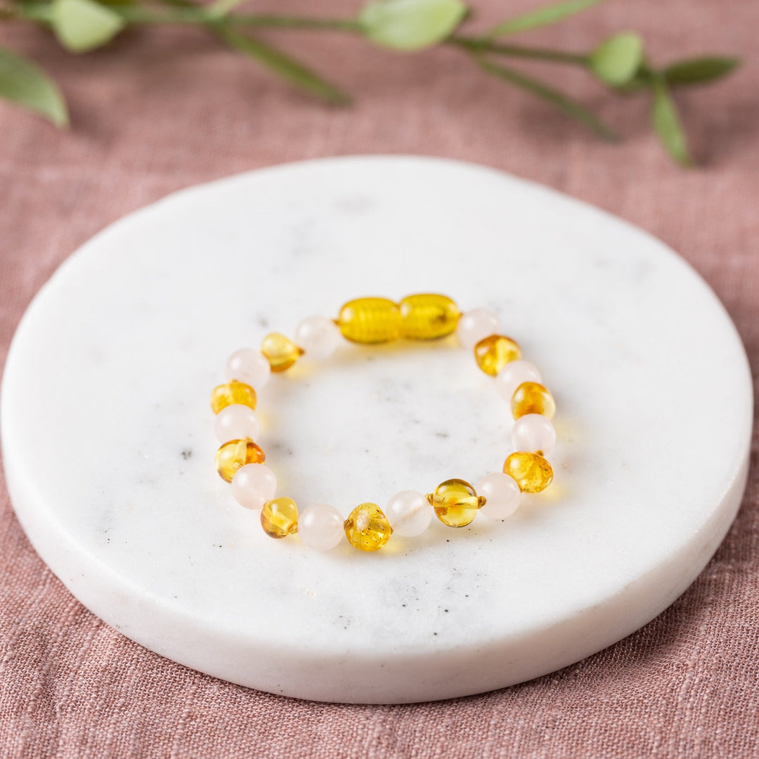 Kids | Rose Quartz + Honey Amber Bracelet - R.B. Amber Jewelry