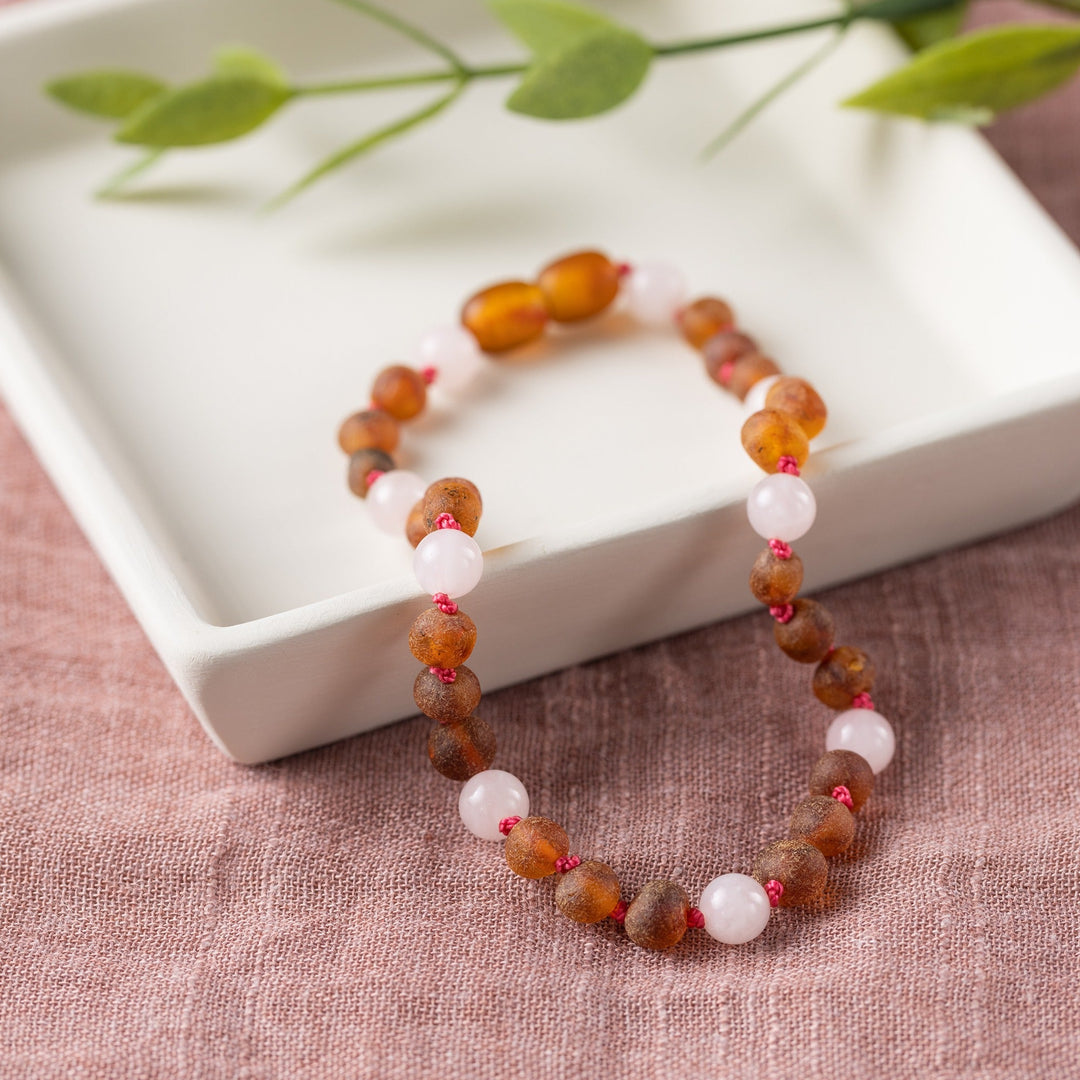 Pet | Rose Quartz + Raw Cognac Amber Collar - R.B. Amber Jewelry