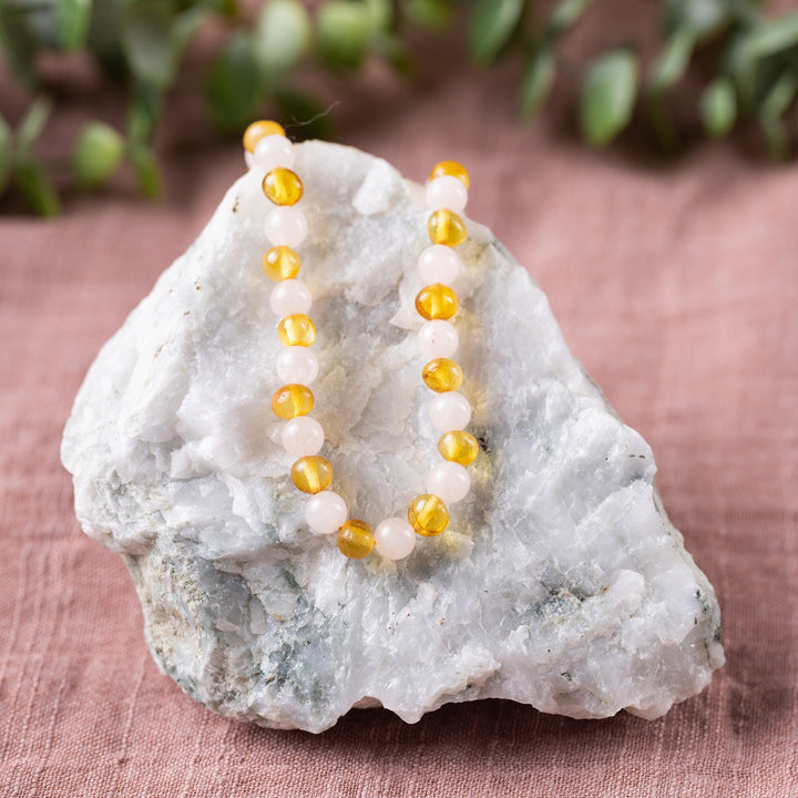 Adults | Rose Quartz + Honey Amber Necklace - R.B. Amber Jewelry