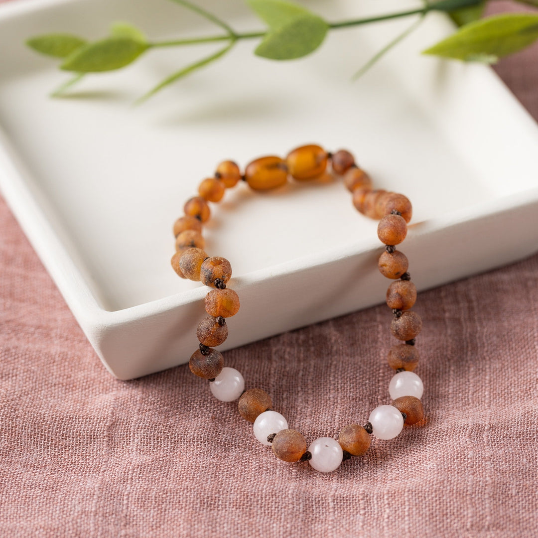 Adults | Rose Quartz + Raw Cognac Amber Anklet - R.B. Amber Jewelry