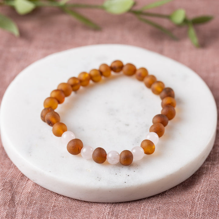 Adults | Rose Quartz + Raw Cognac Amber Bracelet - R.B. Amber Jewelry