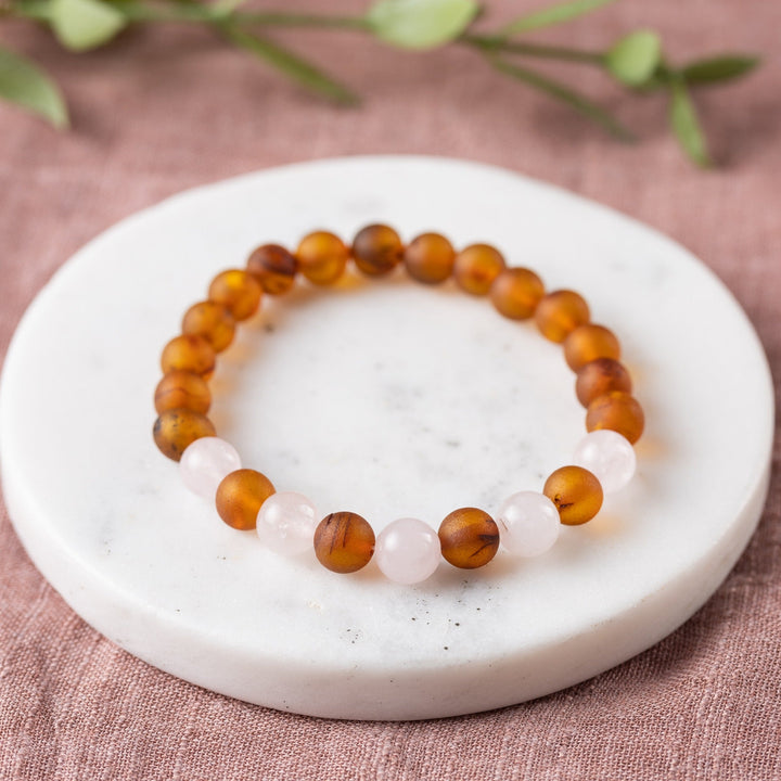Adults | Rose Quartz + Raw Cognac Amber Bracelet - R.B. Amber Jewelry