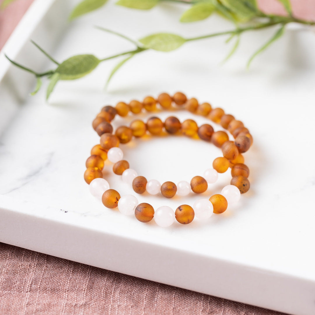Adults | Rose Quartz + Raw Cognac Amber Bracelet - R.B. Amber Jewelry