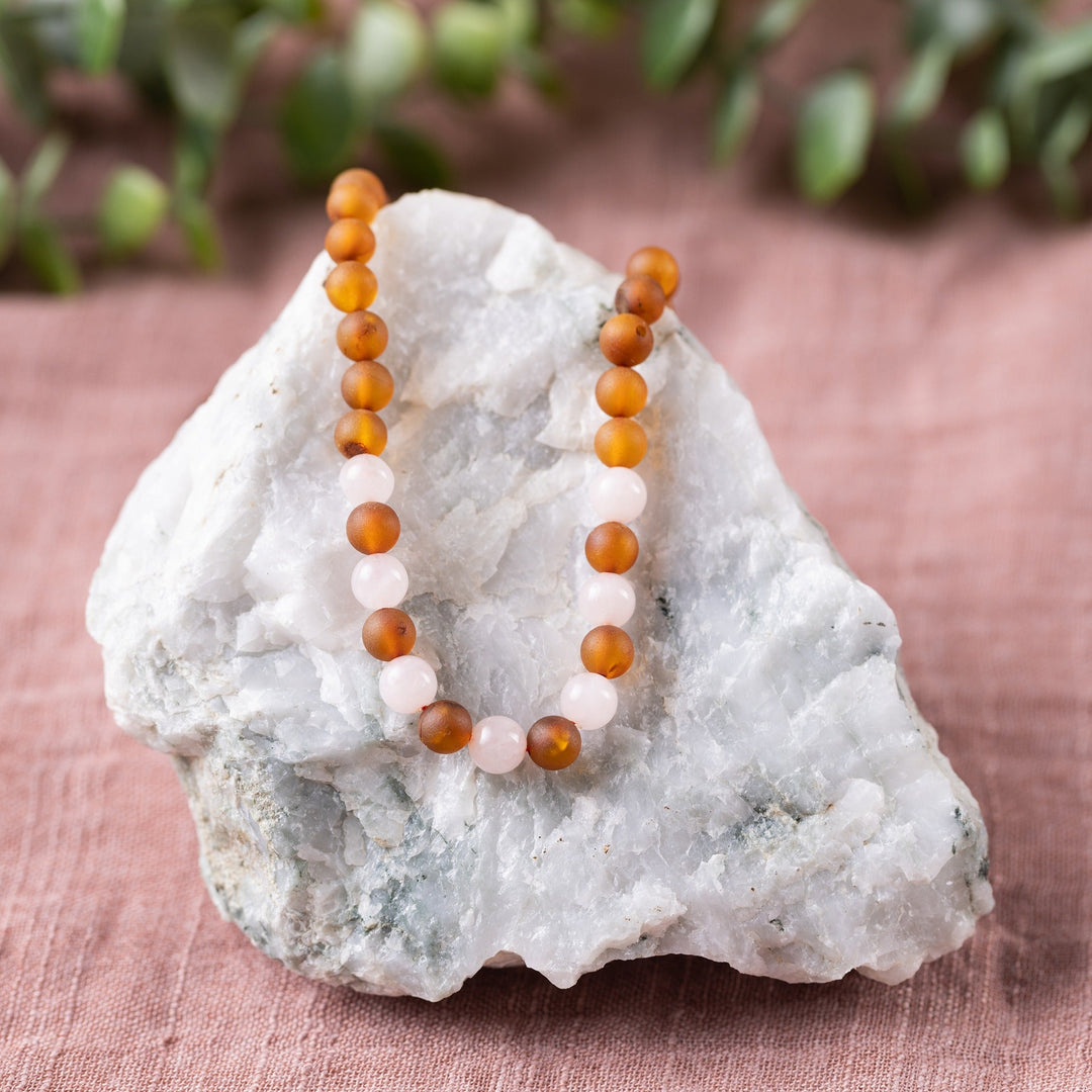 Adults | Rose Quartz + Raw Cognac Amber Necklace - R.B. Amber Jewelry