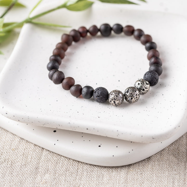 Adults | Titanium Plated Lava + Raw Cherry Aromatherapy Bracelet - R.B. Amber Jewelry