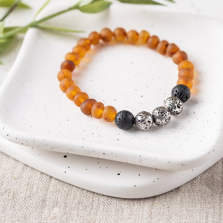 Adults | Titanium Plated Lava + Raw Cognac Aromatherapy Bracelet - R.B. Amber Jewelry