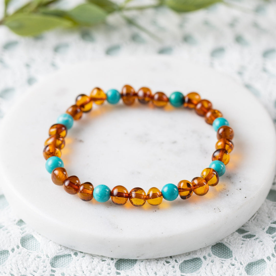 Adults | Turquoise + Cognac Amber Bracelet - R.B. Amber Jewelry