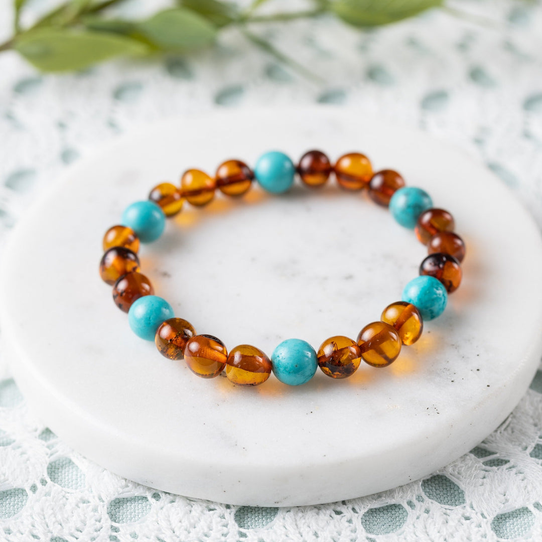 Adults | Turquoise + Cognac Amber Bracelet - R.B. Amber Jewelry