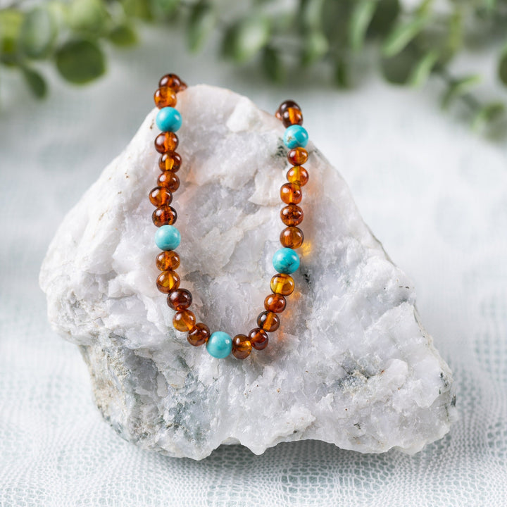 Adults | Turquoise + Cognac Amber Necklace - R.B. Amber Jewelry