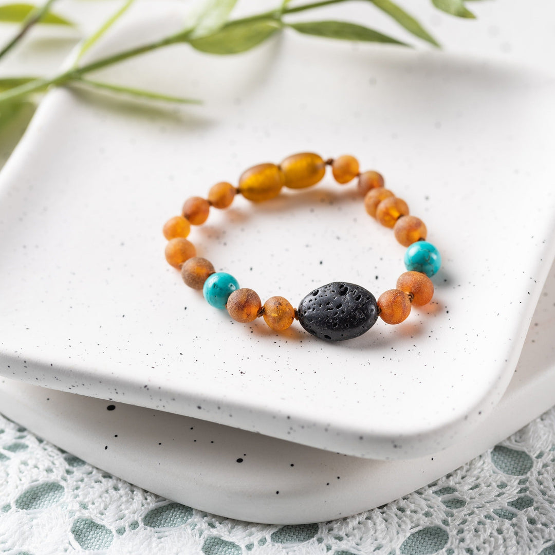 Kids | Turquoise + Raw Cognac Aromatherapy Pendant Bracelet - R.B. Amber Jewelry