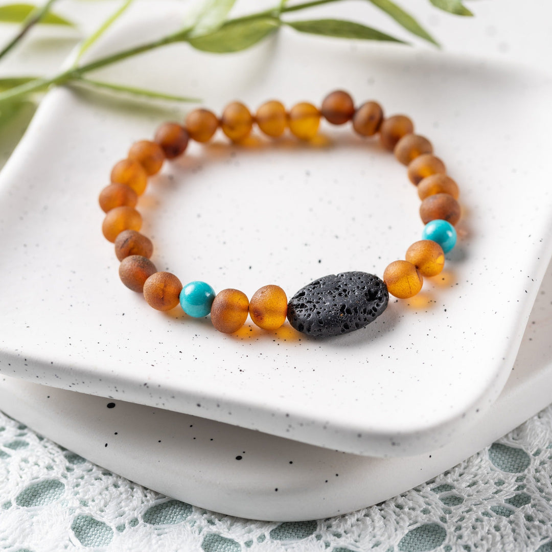 Adults | Turquoise + Raw Cognac Aromatherapy Pendant Bracelet - R.B. Amber Jewelry