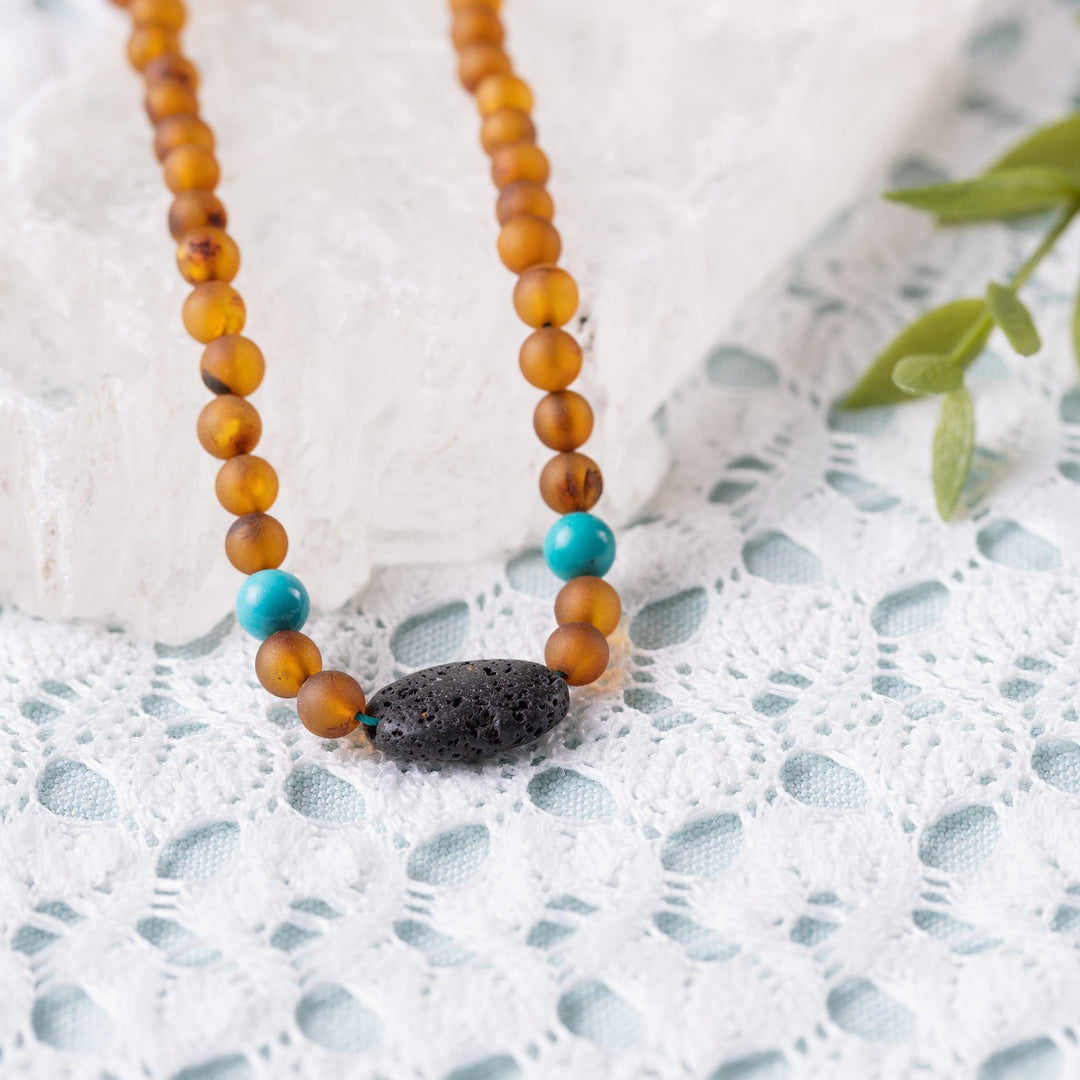 Adults | Turquoise + Raw Cognac Aromatherapy Pendant Necklace - R.B. Amber Jewelry