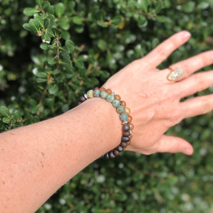 Adults | Sandalwood + African Turquoise + Raw Baltic Amber Bracelet - R.B. Amber Jewelry