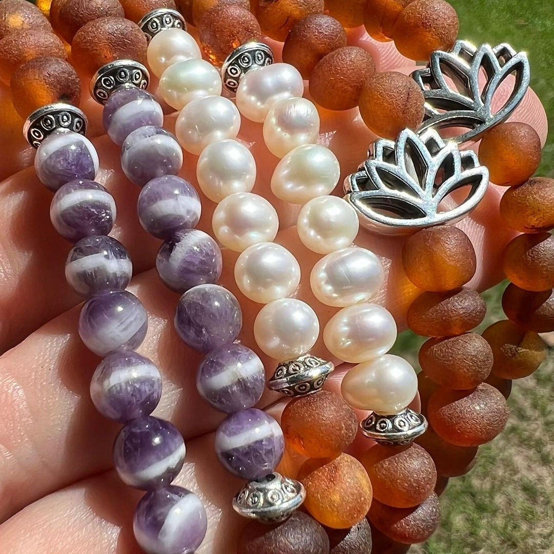Adults | Pearl Amethyst + Raw Cognac Baltic Amber Bracelets - R.B. Amber Jewelry