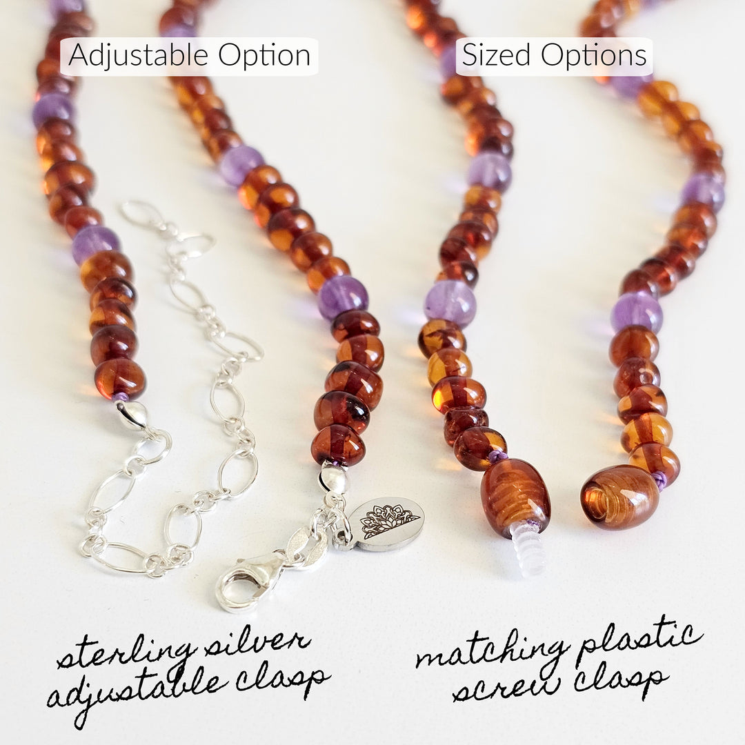 Adults | Marine Blue Sea Glass + Raw Cognac Amber Necklace