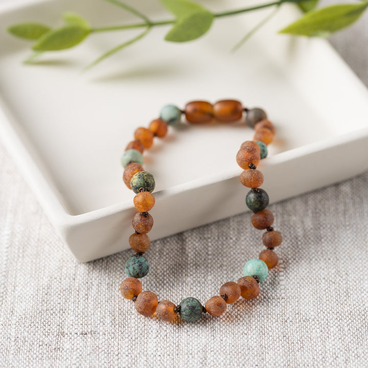 Adults | Raw African Turquoise + Raw Cognac Amber Anklet