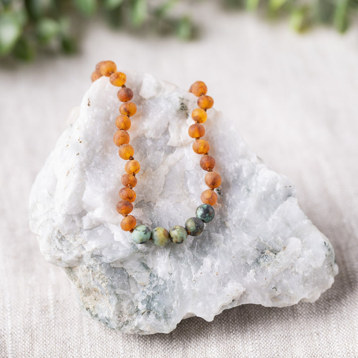 Kids | African Turquoise + Raw Cognac Amber Necklace