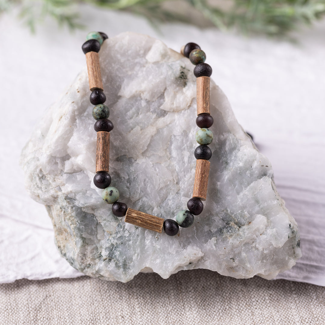 Adults | Raw African Turquoise + Raw Cherry Amber Hazelwood Necklace