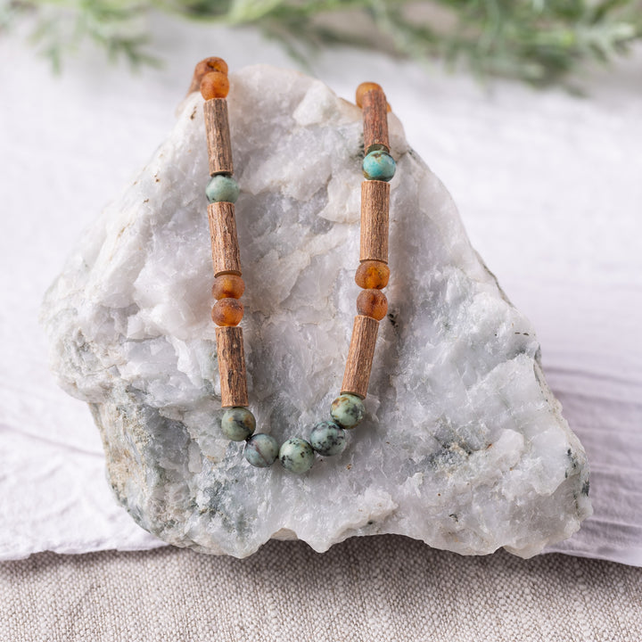 Adults | Raw African Turquoise + Raw Cognac Amber Hazelwood Necklace