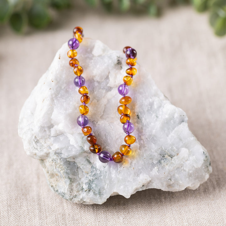 Kids | Amethyst + Cognac Amber Necklace - R.B. Amber Jewelry