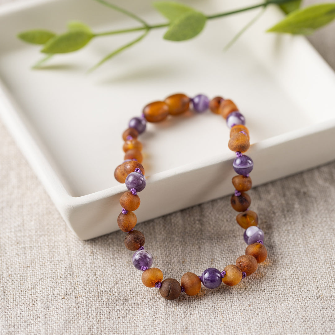 Adults | Amethyst + Raw Cognac Amber Anklet