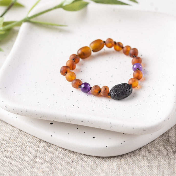 Kids | Amethyst + Raw Cognac Aromatherapy Pendant Bracelet - R.B. Amber Jewelry