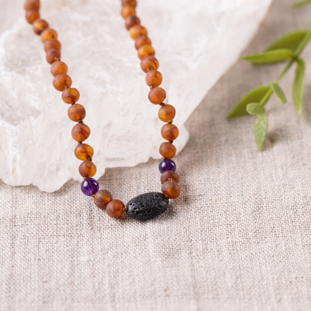 Kids | Amethyst + Raw Cognac Aromatherapy Pendant Necklace - R.B. Amber Jewelry