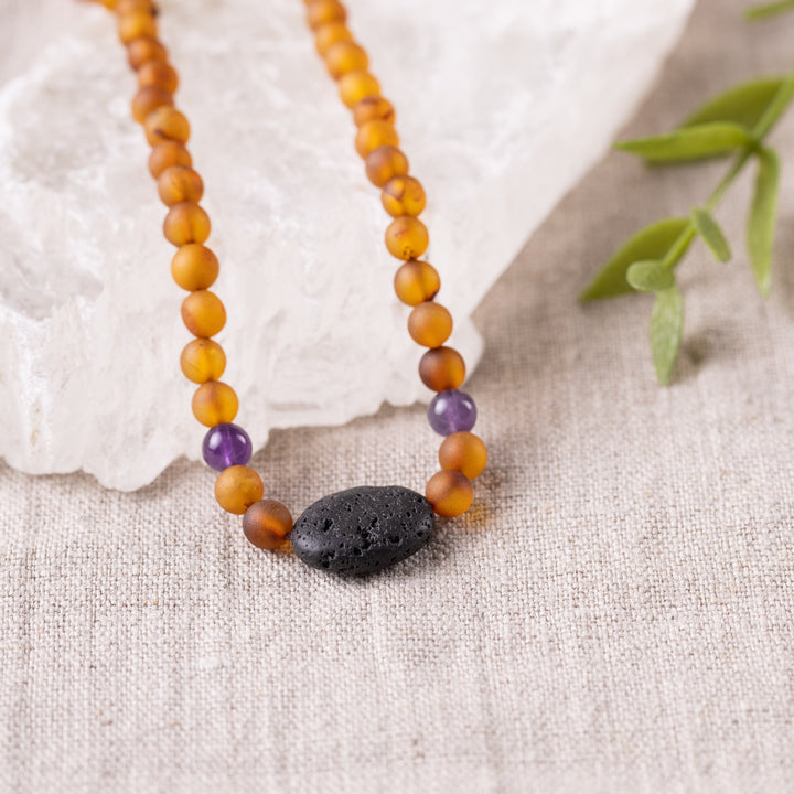 Adults | Amethyst + Raw Cognac Aromatherapy Pendant Necklace