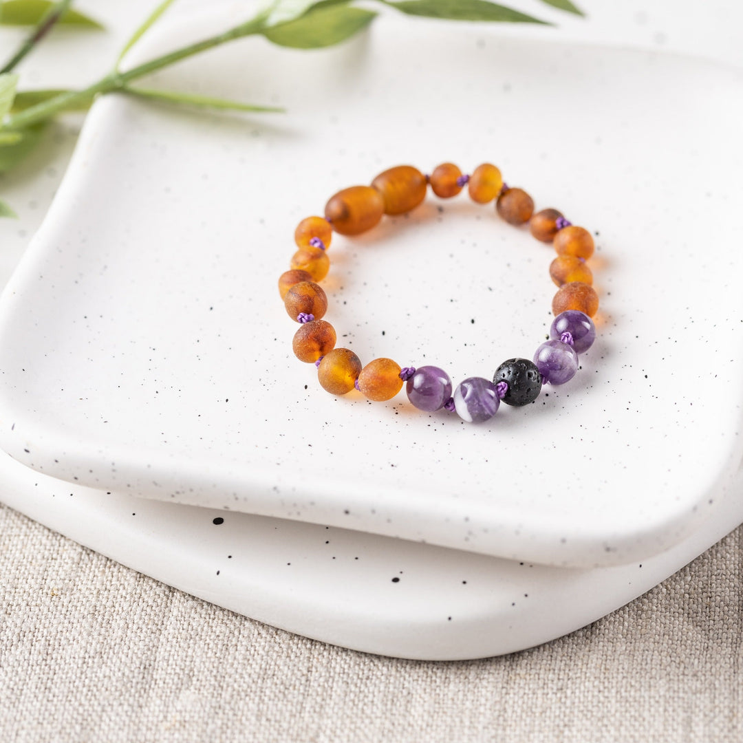 Kids | Amethyst + Raw Cognac Aromatherapy Bracelet - R.B. Amber Jewelry