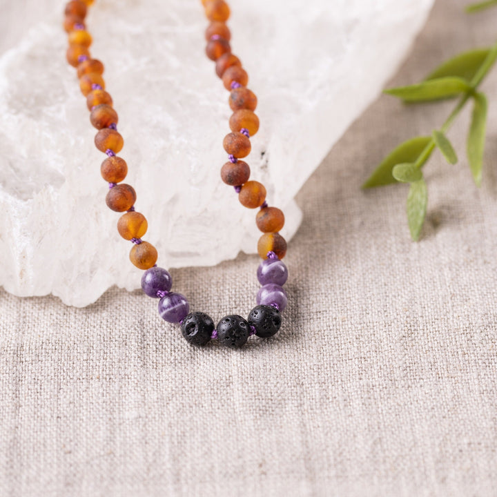 Kids | Amethyst + Raw Cognac Aromatherapy Necklace - R.B. Amber Jewelry