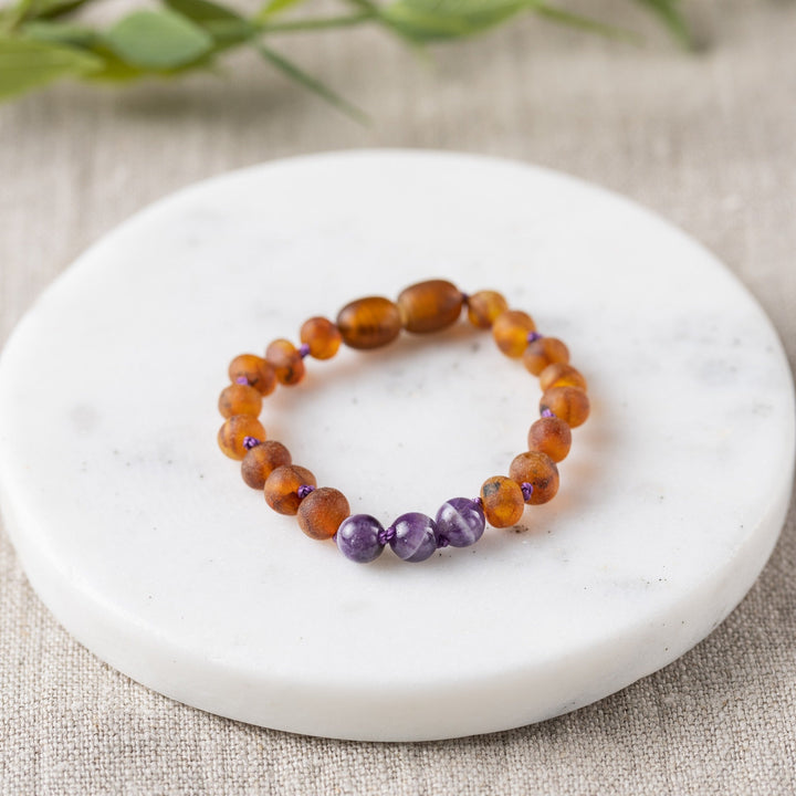 Kids | Amethyst + Raw Cognac Amber Bracelet - R.B. Amber Jewelry