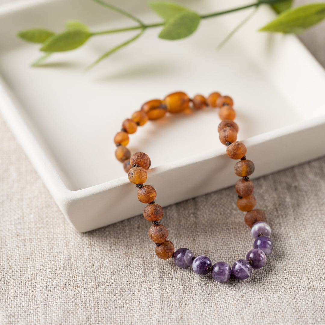 Adults | Amethyst + Raw Cognac Amber Anklet