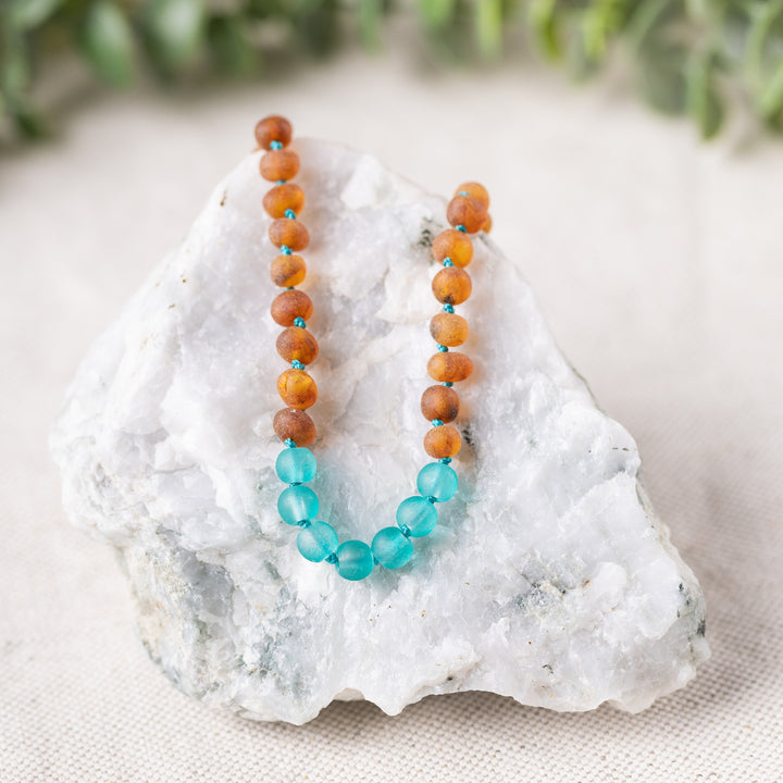 Kids | Aqua Sea Glass + Raw Cognac Amber Necklace - R.B. Amber Jewelry