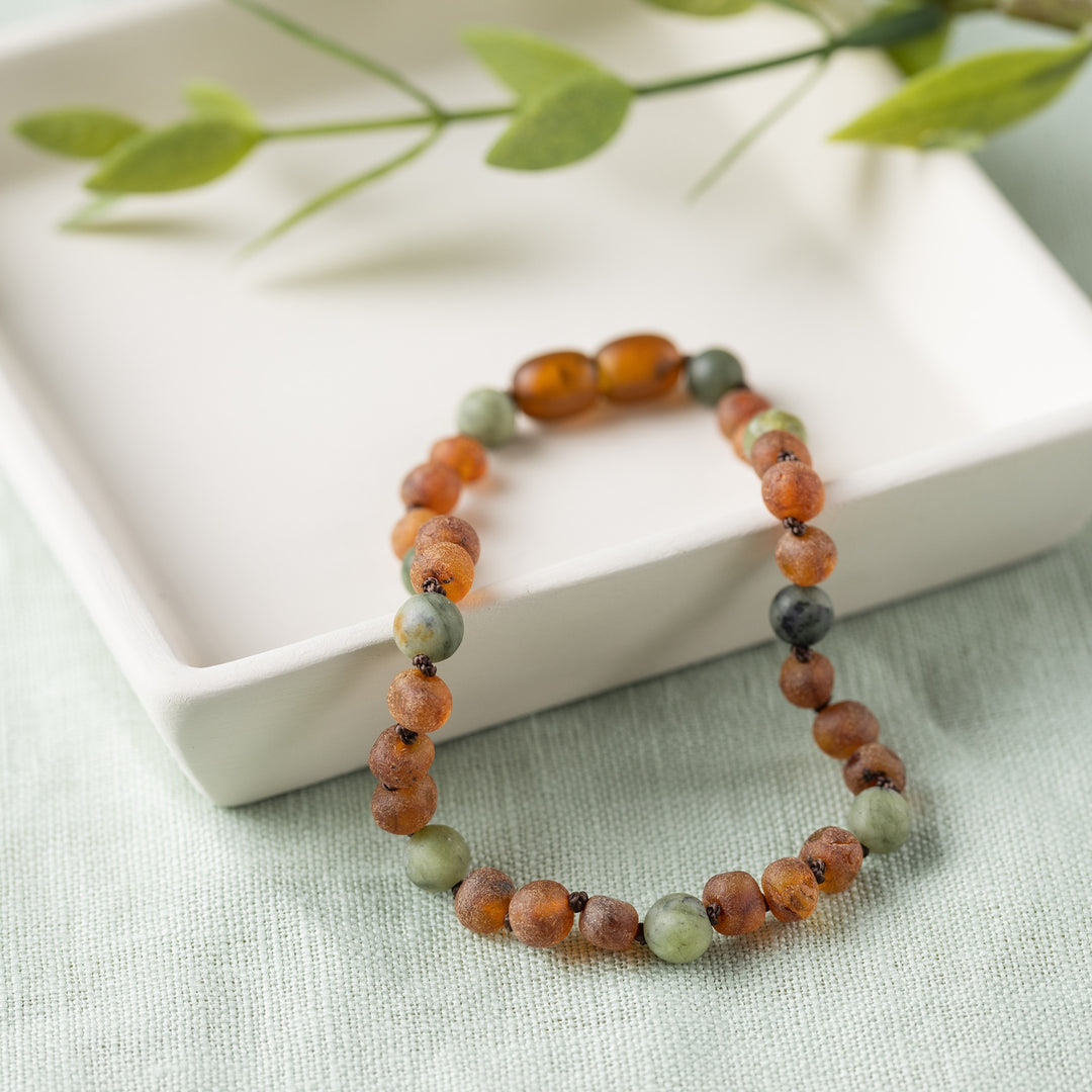 Adults | Raw Green Jade + Raw Cognac Amber Anklet